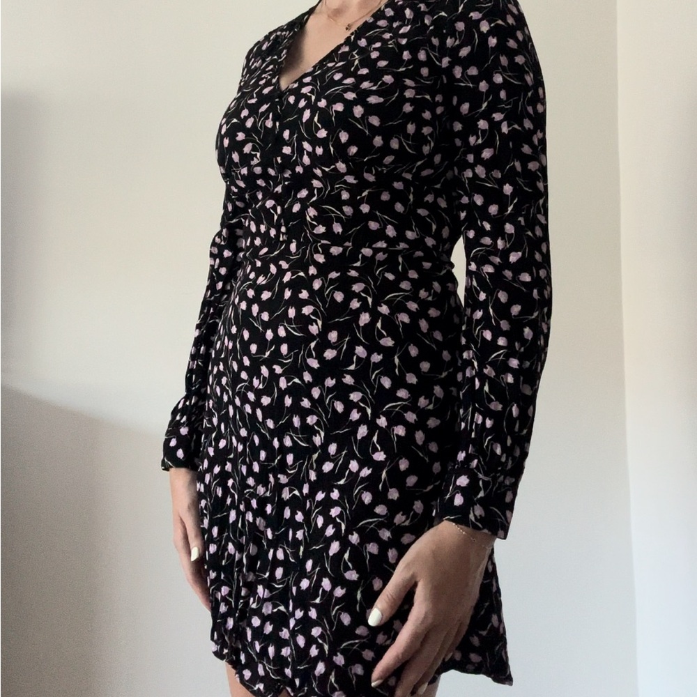 Black Long Sleeve Wrap Dress with V-Neck with Purple floral details